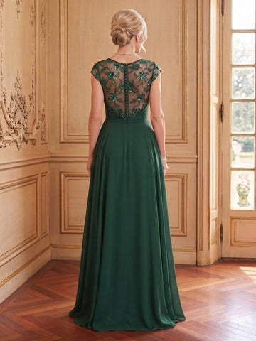 Chiffon A Line Scoop Neck Cap Sleeves Long Mother of the Bride Dresses