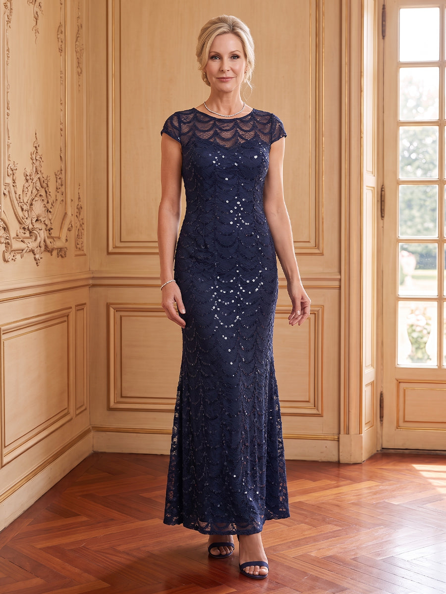 Sequins Mermaid Scoop Neck Cap Sleeves Long Mother of the Bride Dresses