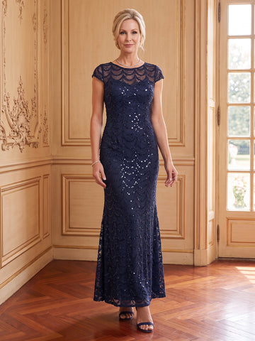 Sequins Mermaid Scoop Neck Cap Sleeves Long Mother of the Bride Dresses