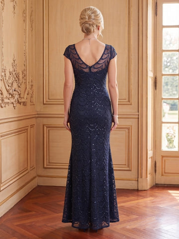 Sequins Mermaid Scoop Neck Cap Sleeves Long Mother of the Bride Dresses