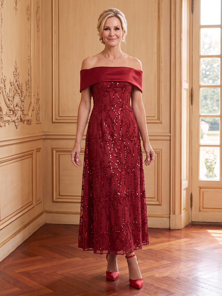 Sequins A Line Off the Shoulder Sleeveless Long Mother of the Bride Dresses