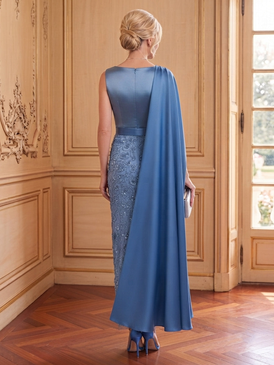 Satin Mermaid Boat Neck Cap Sleeves Long Mother of the Bride Dresses
