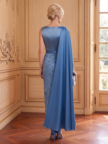 Satin Mermaid Boat Neck Cap Sleeves Long Mother of the Bride Dresses