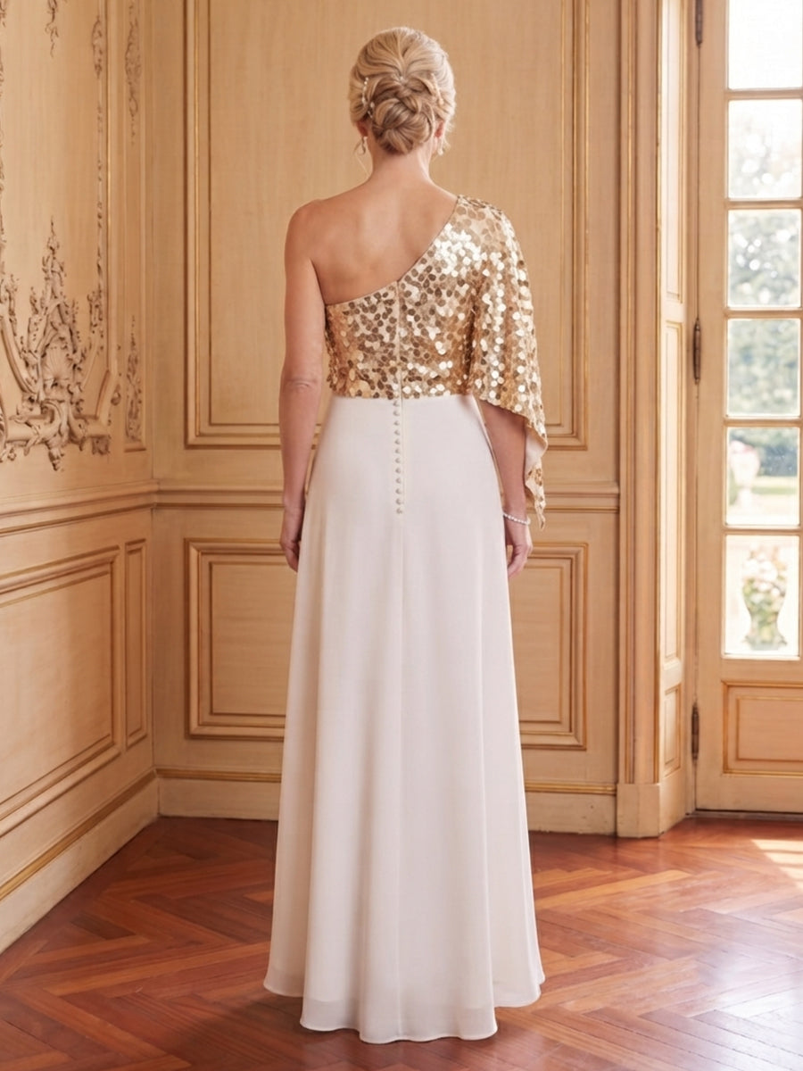 Chiffon A Line One Shoulder Bell Sleeves Long Mother of the Bride Dresses
