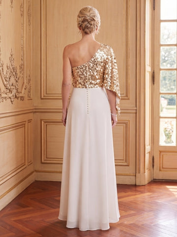Chiffon A Line One Shoulder Bell Sleeves Long Mother of the Bride Dresses