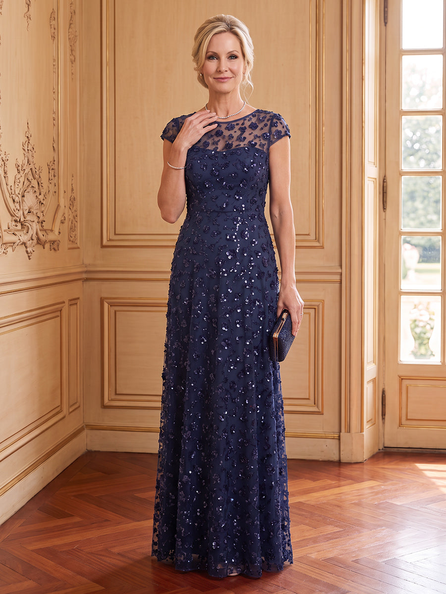 Sequins A Line Cap Sleeves Scoop Neck Long Mother of the Bride Dresses