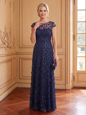 Sequins A Line Cap Sleeves Scoop Neck Long Mother of the Bride Dresses