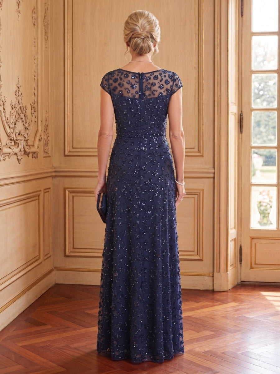 Sequins A Line Cap Sleeves Scoop Neck Long Mother of the Bride Dresses