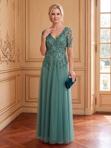 Tulle A Line V Neck Short Sleeves Long Mother of the Bride Dresses