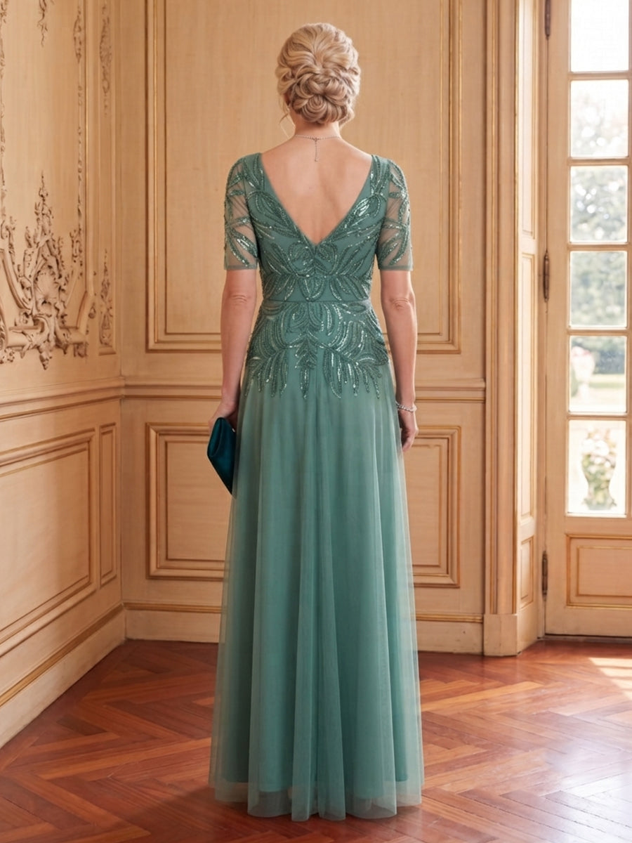 Tulle A Line V Neck Short Sleeves Long Mother of the Bride Dresses