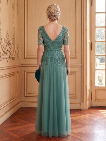 Tulle A Line V Neck Short Sleeves Long Mother of the Bride Dresses