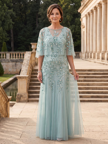 Tulle Mermaid Scoop Neck Bell Sleeves Long Mother of the Bride Dresses