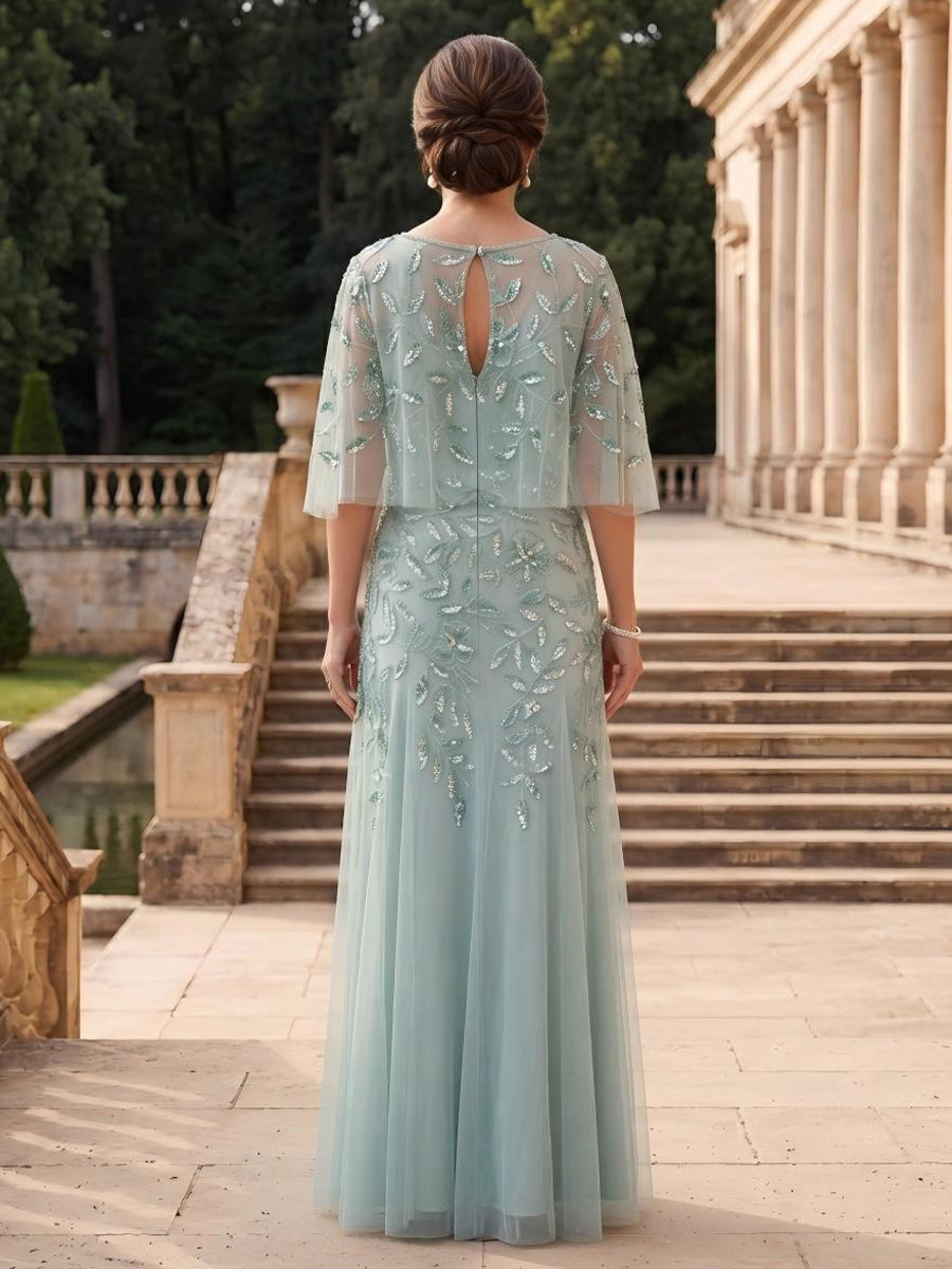 Tulle Mermaid Scoop Neck Bell Sleeves Long Mother of the Bride Dresses