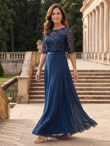 Chiffon A Line Half Sleeves Long Mother of the Bride Dresses