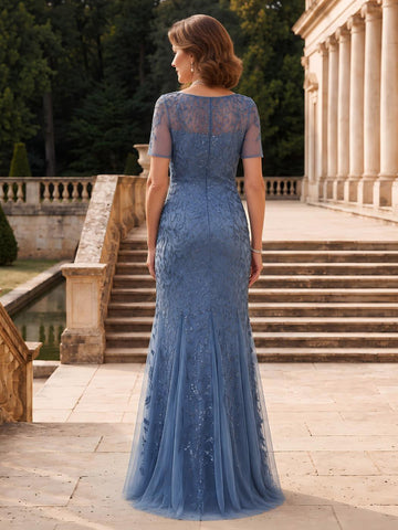 Tulle Mermaid Short Sleeves Long Mother of the Bride Dresses