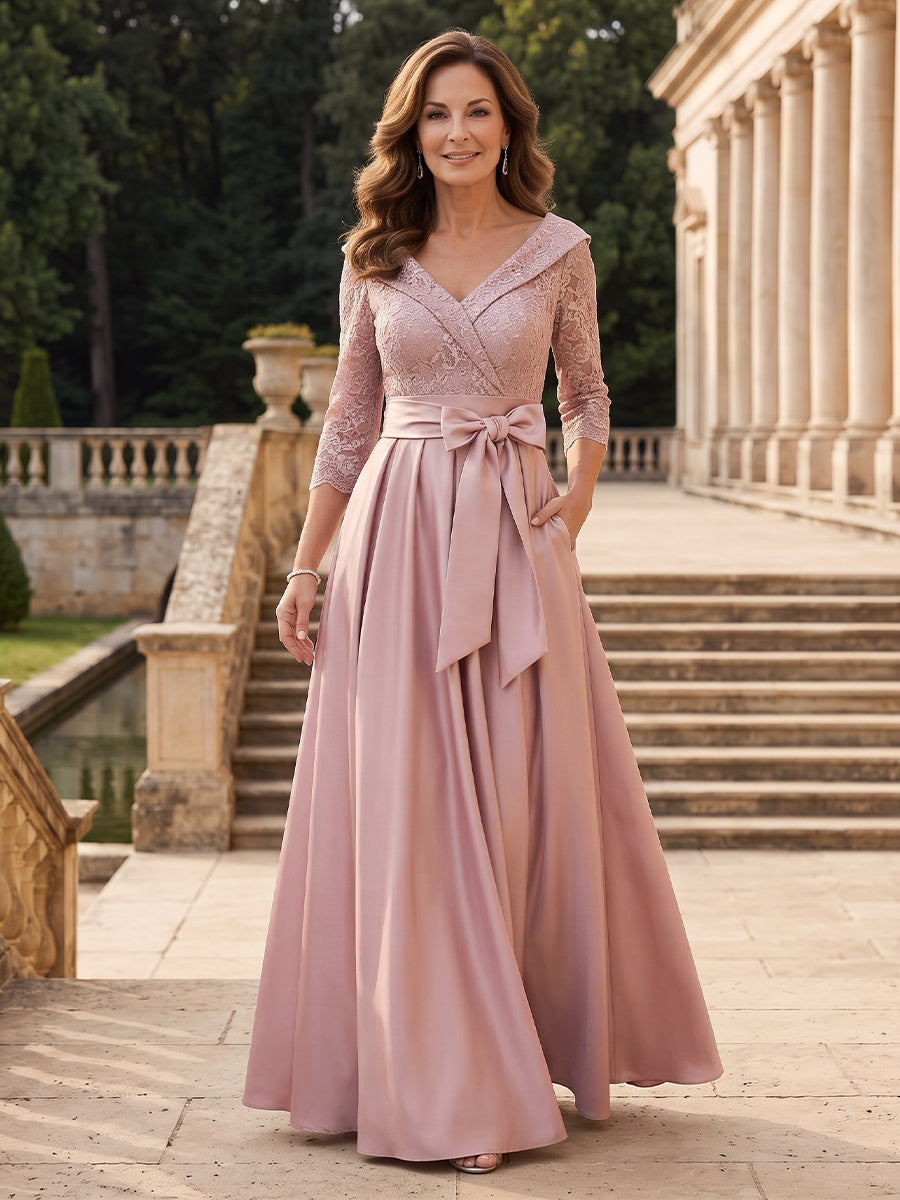 Satin V Neck A Line 3/4 Sleeves Long Mother of the Bride Dresses