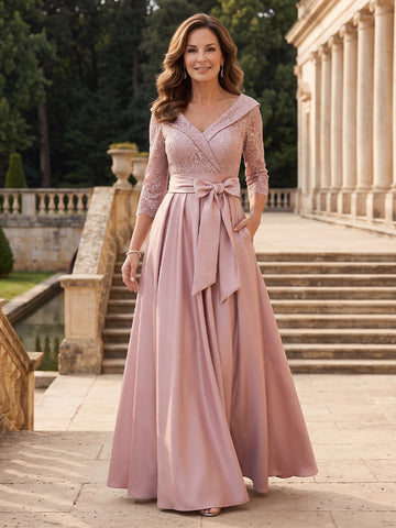Satin V Neck A Line 3/4 Sleeves Long Mother of the Bride Dresses