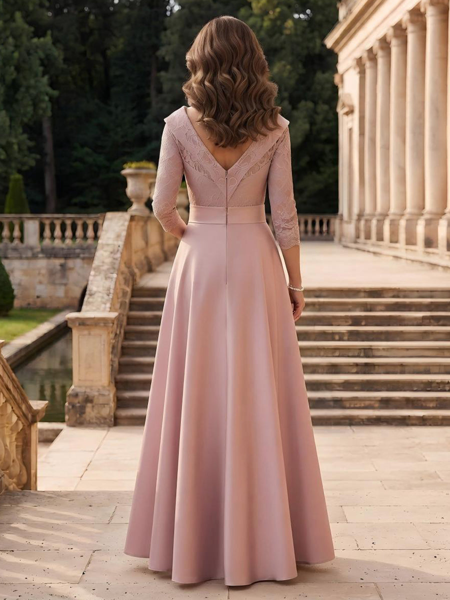 Satin V Neck A Line 3/4 Sleeves Long Mother of the Bride Dresses
