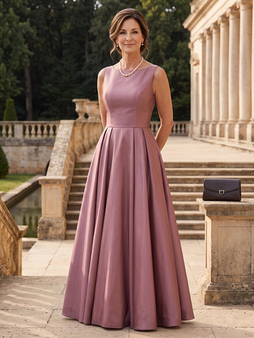 Satin A Line Sleeveless Boat Neck Long Mother of the Bride Dresses