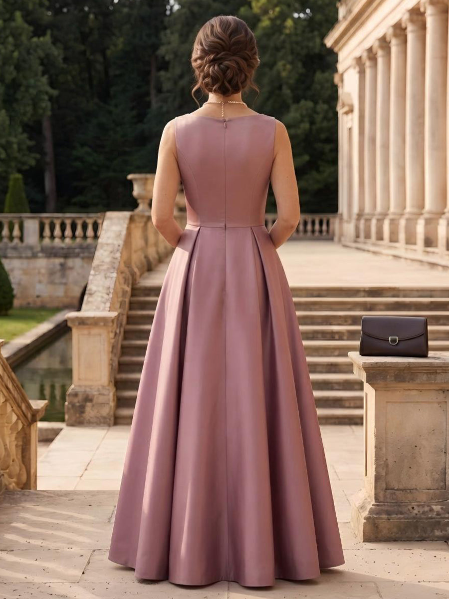 Satin A Line Sleeveless Boat Neck Long Mother of the Bride Dresses