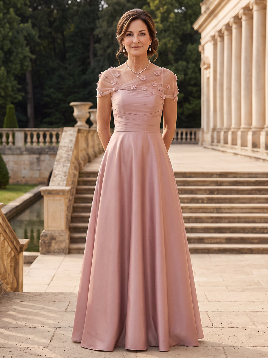 Satin A Line Cap Sleeves Long Mother of the Bride Dresses