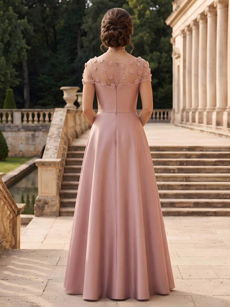 Satin A Line Cap Sleeves Long Mother of the Bride Dresses
