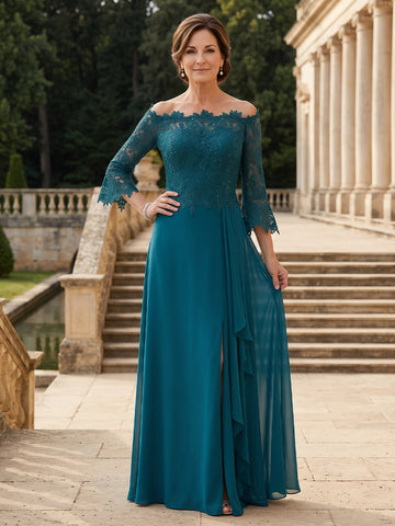 Chiffon Off the Shoulder 3/4 Sleeves Long Mother of the Bride Dresses with Slit