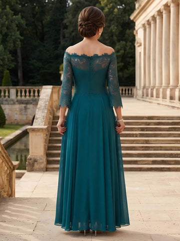 Chiffon Off the Shoulder 3/4 Sleeves Long Mother of the Bride Dresses with Slit