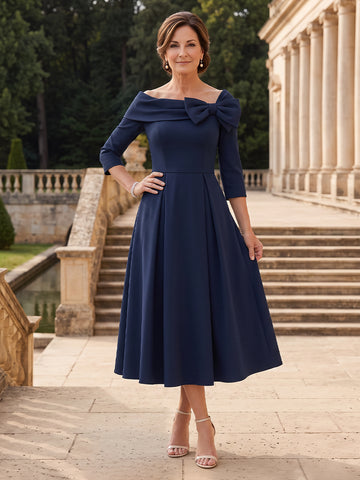 Satin A Line Off the Shoulder Tea Length Mother of the Bride Dresses