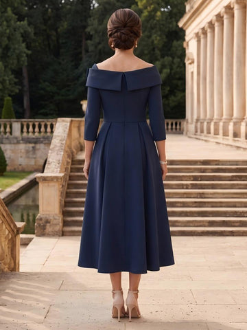 Satin A Line Off the Shoulder Tea Length Mother of the Bride Dresses