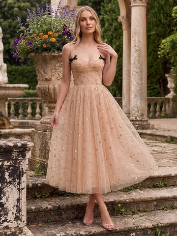 Star Glitter Tulle Midi Prom Dresses Champagne Gold Corset Sweetheart Black Bow Straps