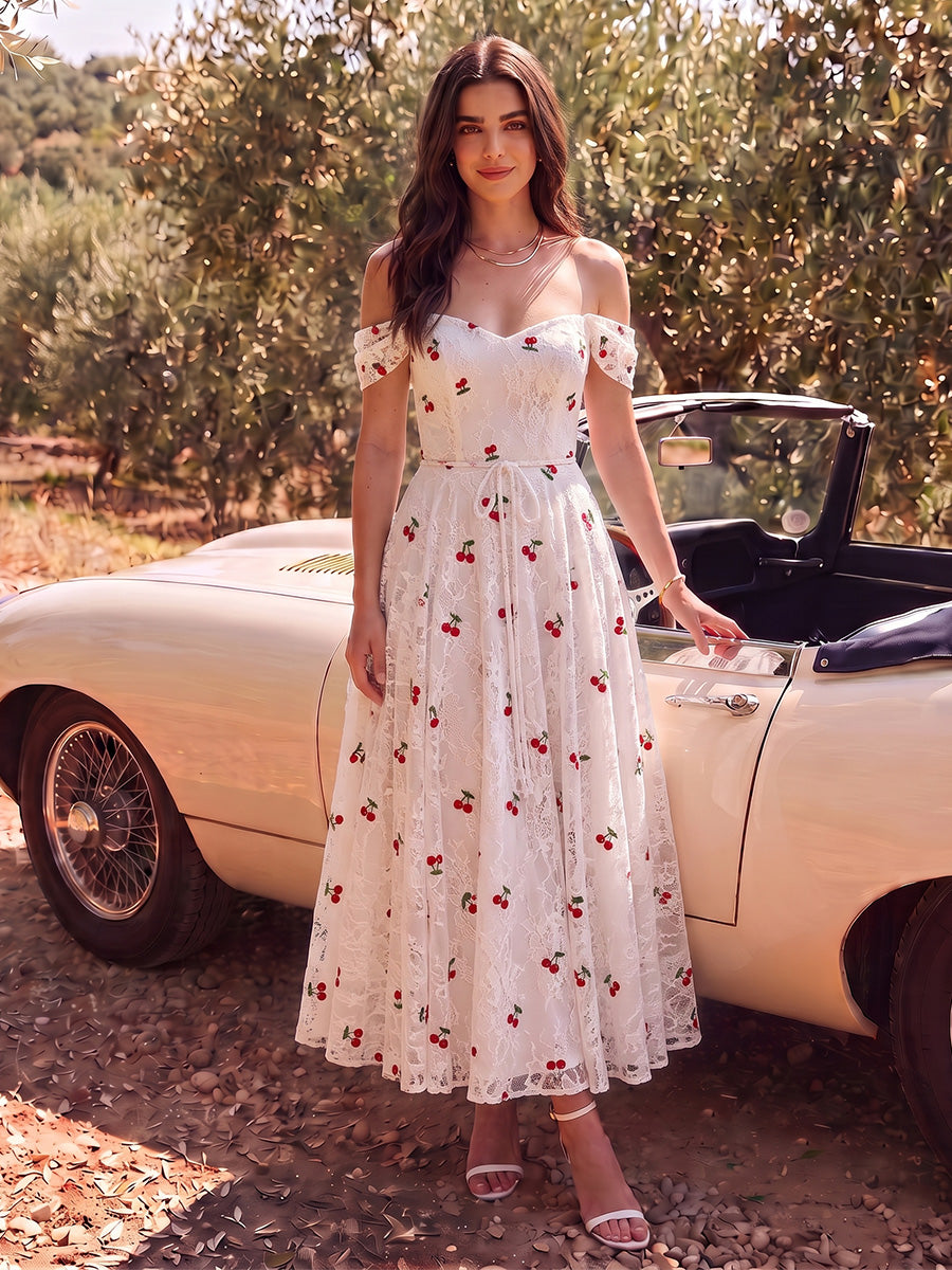 Off Shoulder White Lace Midi Prom Dresses A-Line Cherry Embroidered