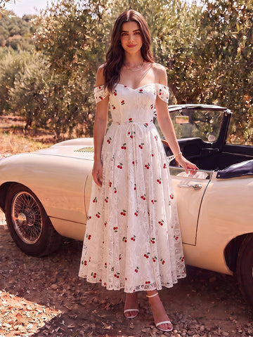 Off Shoulder White Lace Midi Prom Dresses A-Line Cherry Embroidered