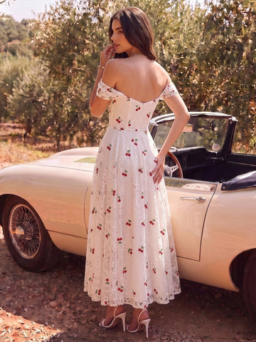Off Shoulder White Lace Midi Prom Dresses A-Line Cherry Embroidered