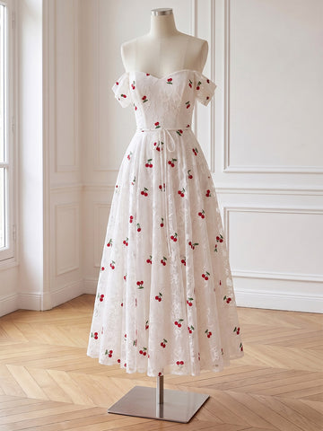Off Shoulder White Lace Midi Prom Dresses A-Line Cherry Embroidered