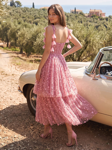 3D Floral Tulle Prom Dress Pink Corset Sweetheart Flower Tassel Strap Tiered