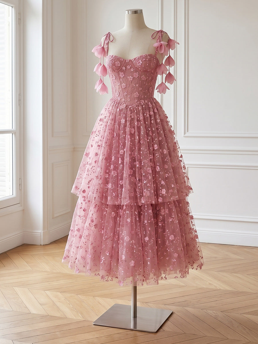 3D Floral Tulle Prom Dress Pink Corset Sweetheart Flower Tassel Strap Tiered