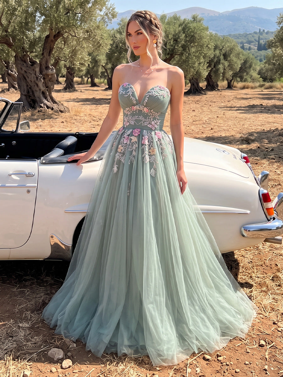 Sage Green A Line Prom Dresses Strapless 3D Floral Embroidery Tulle