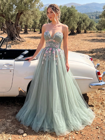 Sage Green A Line Prom Dresses Strapless 3D Floral Embroidery Tulle