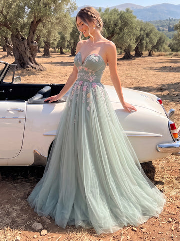 Sage Green A Line Prom Dresses Strapless 3D Floral Embroidery Tulle