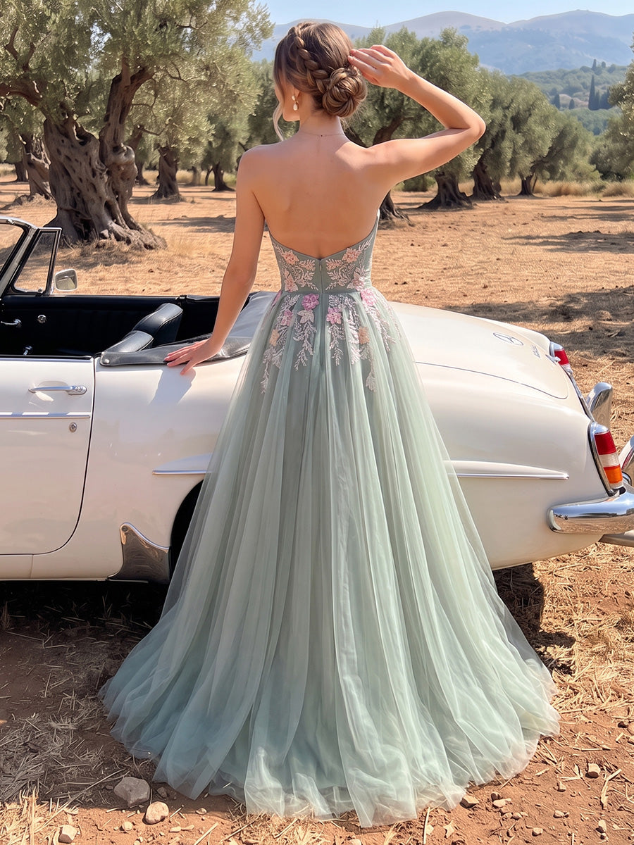 Sage Green A Line Prom Dresses Strapless 3D Floral Embroidery Tulle