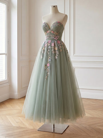 Sage Green A Line Prom Dresses Strapless 3D Floral Embroidery Tulle