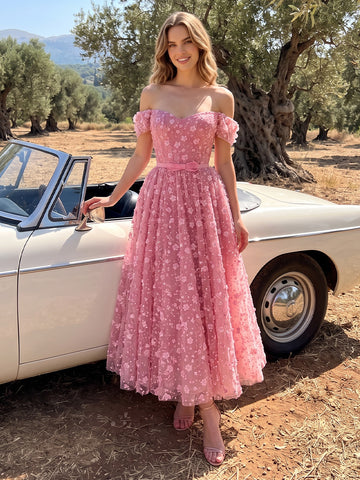 3D Floral Tulle Prom Dress Pink Corset Puff Sleeve Off Shoulder