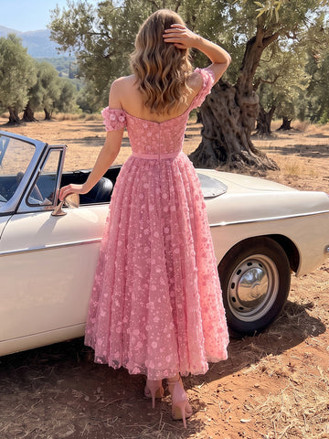 3D Floral Tulle Prom Dress Pink Corset Puff Sleeve Off Shoulder