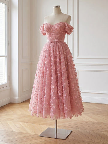 3D Floral Tulle Prom Dress Pink Corset Puff Sleeve Off Shoulder