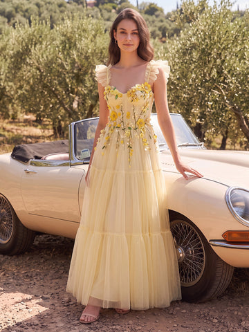 Yellow 3D Floral Tulle Long Prom Dresses Ruffle Strap Bustier Tiered A Line