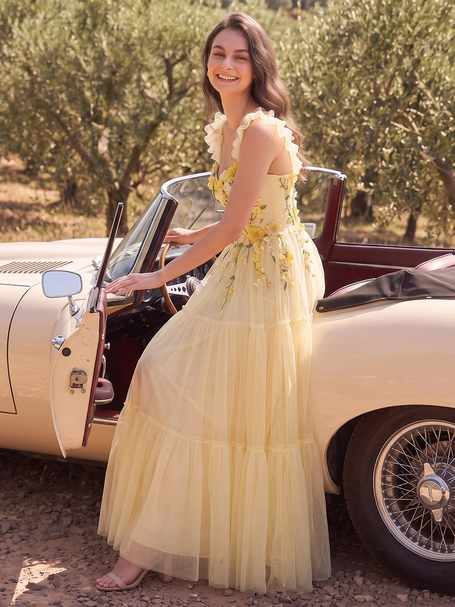 Yellow 3D Floral Tulle Long Prom Dresses Ruffle Strap Bustier Tiered A Line
