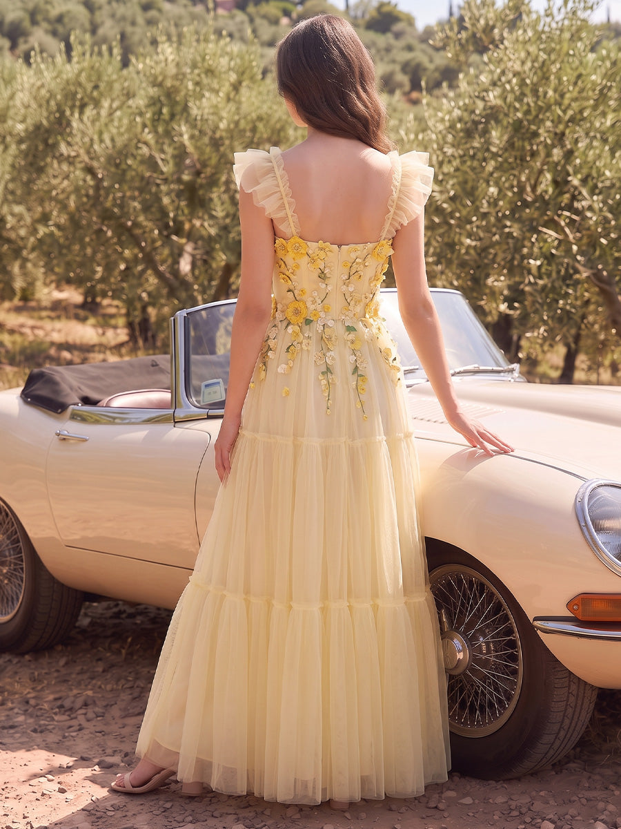 Yellow 3D Floral Tulle Long Prom Dresses Ruffle Strap Bustier Tiered A Line