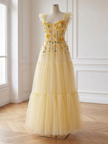 Yellow 3D Floral Tulle Long Prom Dresses Ruffle Strap Bustier Tiered A Line