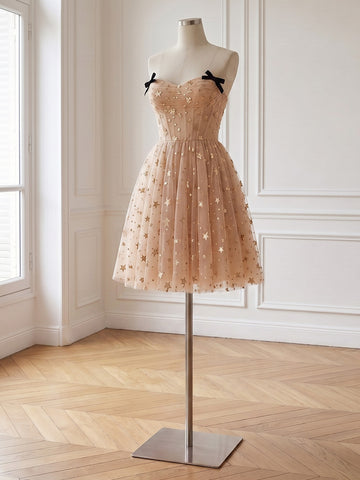 Star Glitter Tulle Short Prom Dresses Champagne Gold Corset Sweetheart